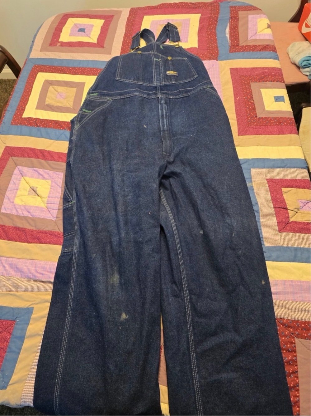 Vintage 1970s OshKosh B'gosh Dark Indigo Denim Overalls with Green Logo Accent